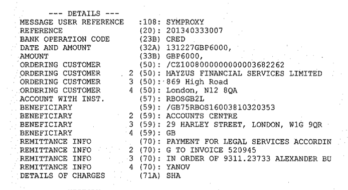 SWIFT transaction details for a 23 December 2013 payment to Formations House